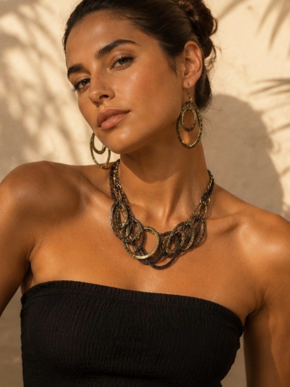 Mixed Metal Statement Necklace & Earrings Set | Boho Layered Hoops